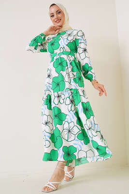 Büyük Çiçek Desenli Terikoton Elbise Yeşil - Thumbnail