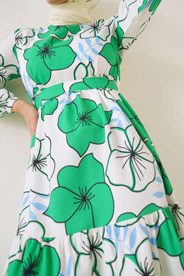 Büyük Çiçek Desenli Terikoton Elbise Yeşil - Thumbnail