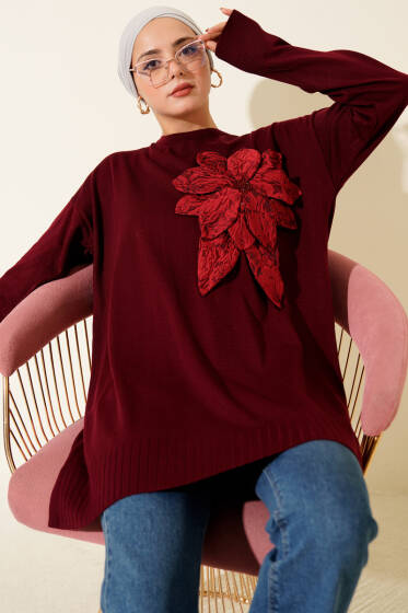 Büyük Çiçek Desenli Triko Tunik Bordo - Tunik