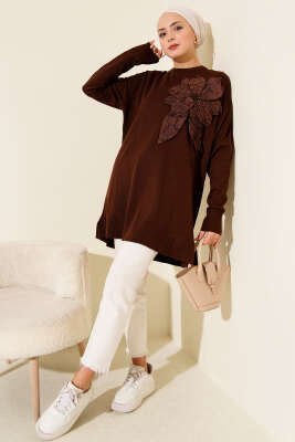 Büyük Çiçek Desenli Triko Tunik Kahve - 500-700 TL Ürünler