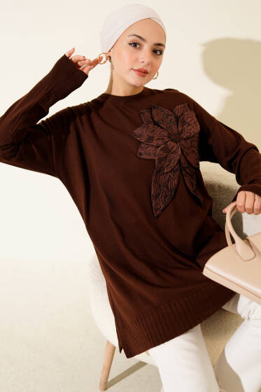 Büyük Çiçek Desenli Triko Tunik Kahve - Tunik