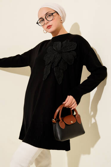 Büyük Çiçek Desenli Triko Tunik Siyah - Tunik