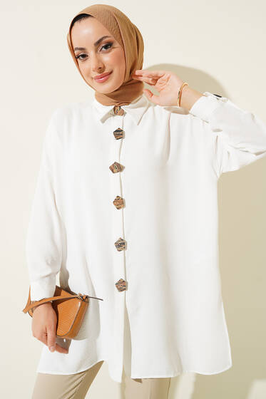 Büyük Düğmeli Ayrobin Gömlek Ekru - Gömlek