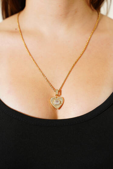 Büyük Kalpli Taşlı Kolye Gold - Kolye
