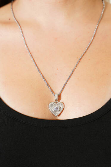 Büyük Kalpli Taşlı Kolye Gümüş - Kolye