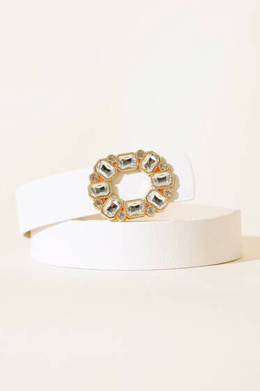 Büyük Parlak Taşlı Kemer Beyaz - Deri Kemer