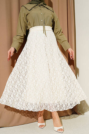 Büzgü Dantelli Tül Etek Bej - Etek