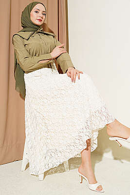 Büzgü Dantelli Tül Etek Bej - Etek