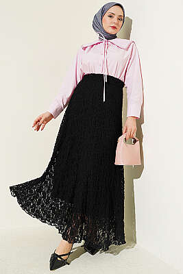 Büzgü Dantelli Tül Etek Siyah - Etek