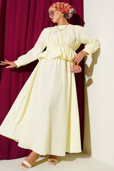 Büzgü Detaylı Bluz Etek İkili Takım Sarı - İkili Takım