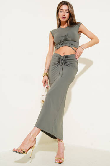 Büzgü Detaylı Crop Etek İkili Takım Haki - Kadın Giyim Modelleri