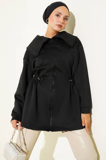 Büzgü Detaylı Fermuarlı Kap Siyah - Dış Giyim&Mont