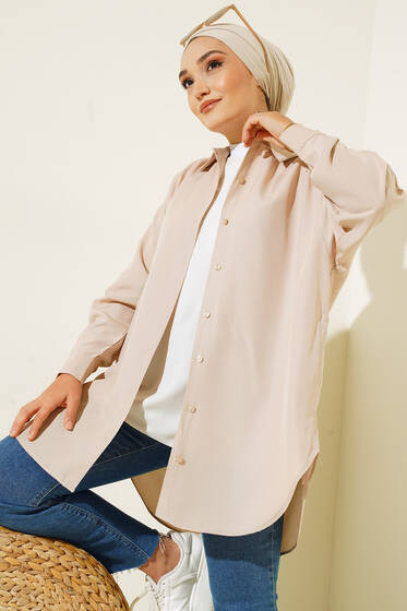 Büzgü Detaylı Gömlek Bej - Gömlek