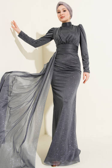 Büzgü Detaylı Simli Abiye Elbise Antrasit - Elbise