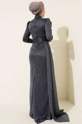 Büzgü Detaylı Simli Abiye Elbise Antrasit - Elbise