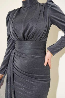 Büzgü Detaylı Simli Abiye Elbise Antrasit - Elbise