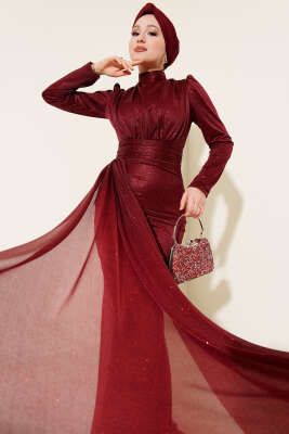 Büzgü Detaylı Simli Abiye Elbise Bordo - CNR TEKSTİL