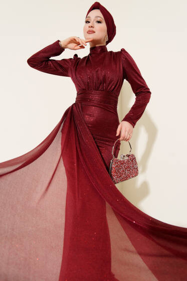 Büzgü Detaylı Simli Abiye Elbise Bordo - Elbise