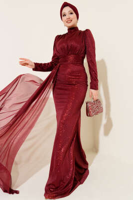 Büzgü Detaylı Simli Abiye Elbise Bordo - Elbise