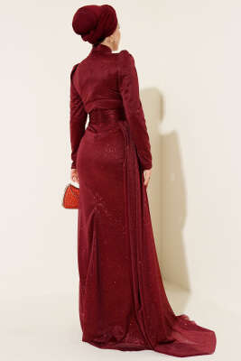 Büzgü Detaylı Simli Abiye Elbise Bordo - Elbise