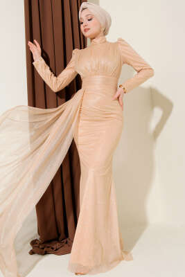 Büzgü Detaylı Simli Abiye Elbise Gold - CNR TEKSTİL