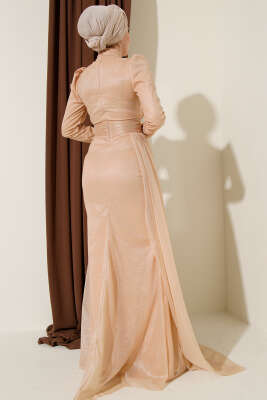 Büzgü Detaylı Simli Abiye Elbise Gold - Elbise