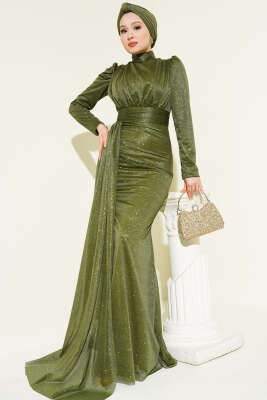 Büzgü Detaylı Simli Abiye Elbise Haki - CNR TEKSTİL