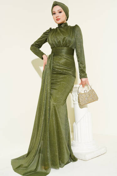 Büzgü Detaylı Simli Abiye Elbise Haki - Elbise