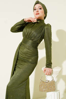 Büzgü Detaylı Simli Abiye Elbise Haki - Elbise