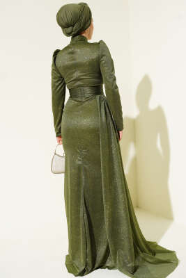 Büzgü Detaylı Simli Abiye Elbise Haki - Elbise