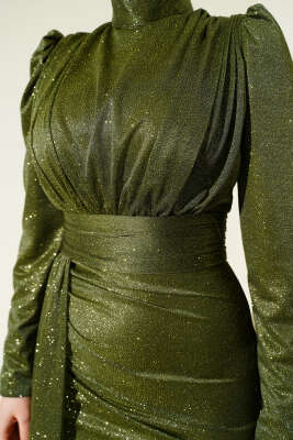 Büzgü Detaylı Simli Abiye Elbise Haki - Elbise