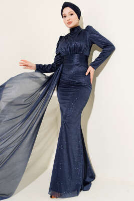 Büzgü Detaylı Simli Abiye Elbise Lacivert - CNR TEKSTİL