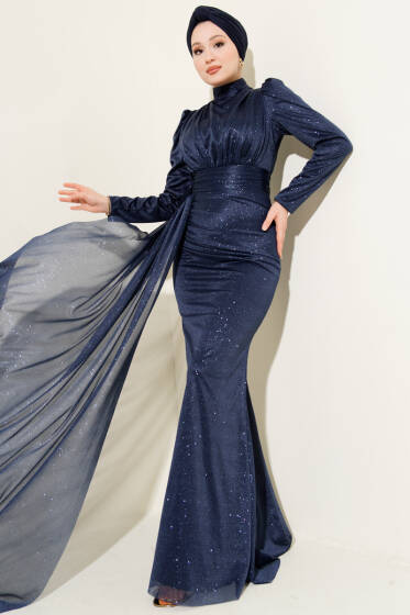 Büzgü Detaylı Simli Abiye Elbise Lacivert - Elbise