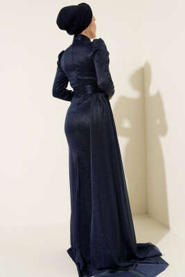 Büzgü Detaylı Simli Abiye Elbise Lacivert - Elbise