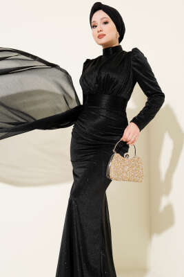 Büzgü Detaylı Simli Abiye Elbise Siyah - Elbise