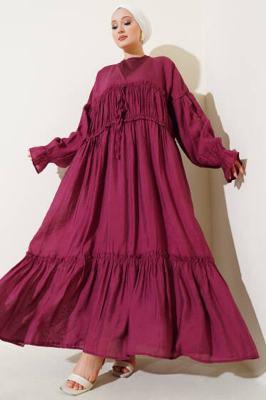 Büzgü Detaylı V Yaka Keten Elbise Bordo - Elbise