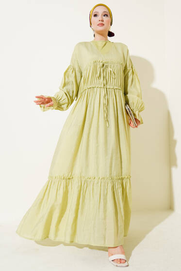 Büzgü Detaylı V Yaka Keten Elbise Çağla Yeşili - Elbise