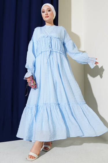 Büzgü Detaylı V Yaka Keten Elbise Mavi - Elbise