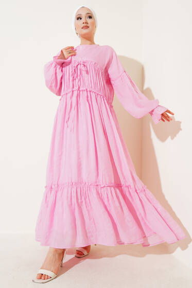 Büzgü Detaylı V Yaka Keten Elbise Pembe - Elbise