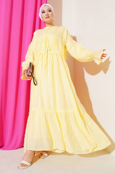 Büzgü Detaylı V Yaka Keten Elbise Sarı - Elbise