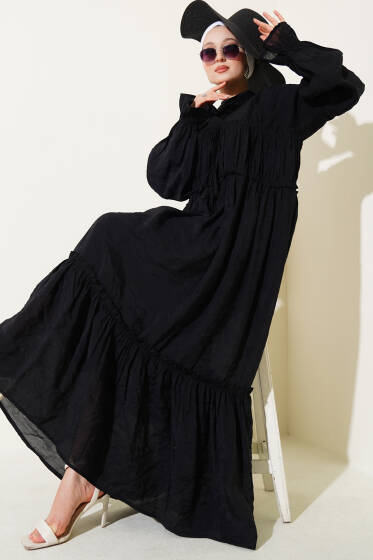 Büzgü Detaylı V Yaka Keten Elbise Siyah - Elbise
