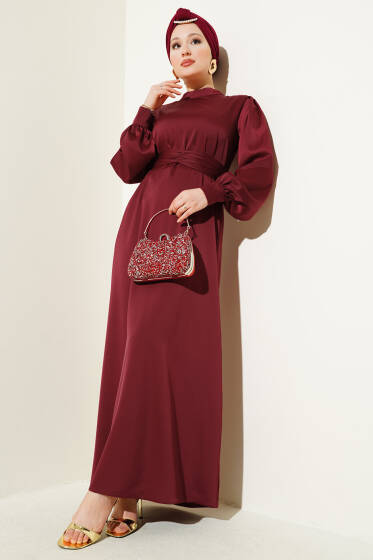 Büzgü Kuşaklı Basic Saten Elbise Bordo - Elbise