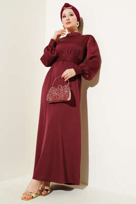 Büzgü Kuşaklı Basic Saten Elbise Bordo 