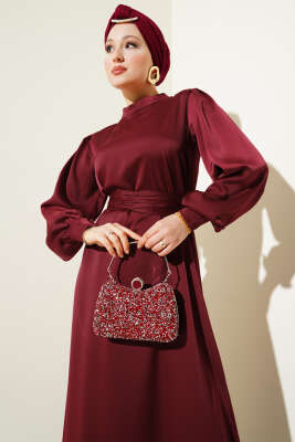 Büzgü Kuşaklı Basic Saten Elbise Bordo - Tesettür Elbise