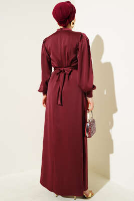 Büzgü Kuşaklı Basic Saten Elbise Bordo - Tesettür Elbise