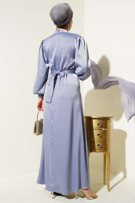 Büzgü Kuşaklı Basic Saten Elbise Gri - Tesettür Elbise