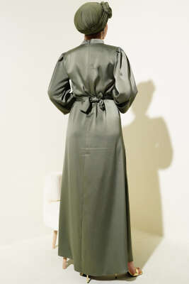 Büzgü Kuşaklı Basic Saten Elbise Haki - Tesettür Elbise