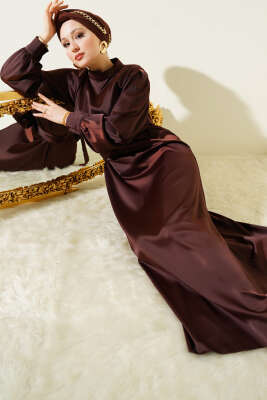 Büzgü Kuşaklı Basic Saten Elbise Kahve - ARANLI TEKSTİL