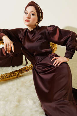 Büzgü Kuşaklı Basic Saten Elbise Kahve - Tesettür Elbise