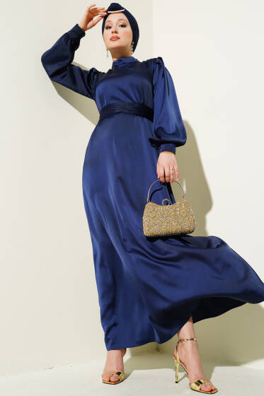 Büzgü Kuşaklı Basic Saten Elbise Lacivert - Elbise